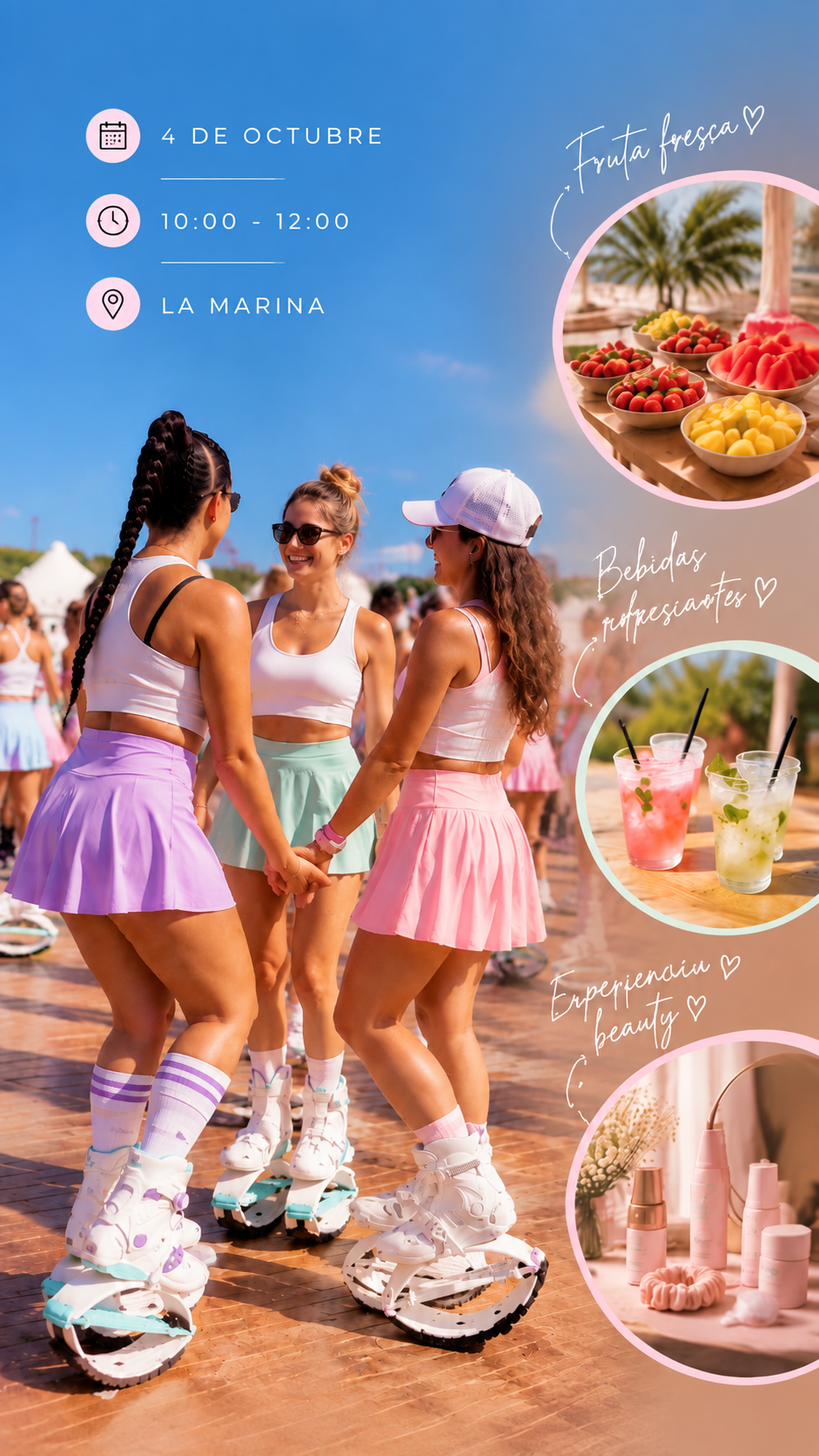 Comunidad FIT & GLOW con fruta, bebidas y experiencia beauty