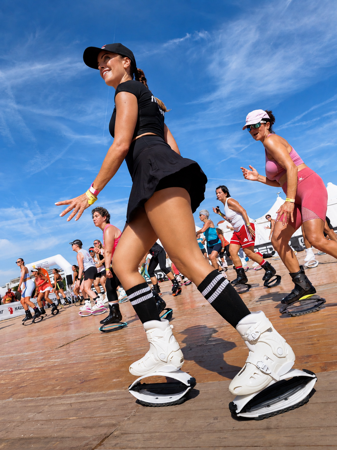 Alumna vestida de negro en una clase de nivel medio Medium Level de rebote fitness con Fit Boots en Valencia